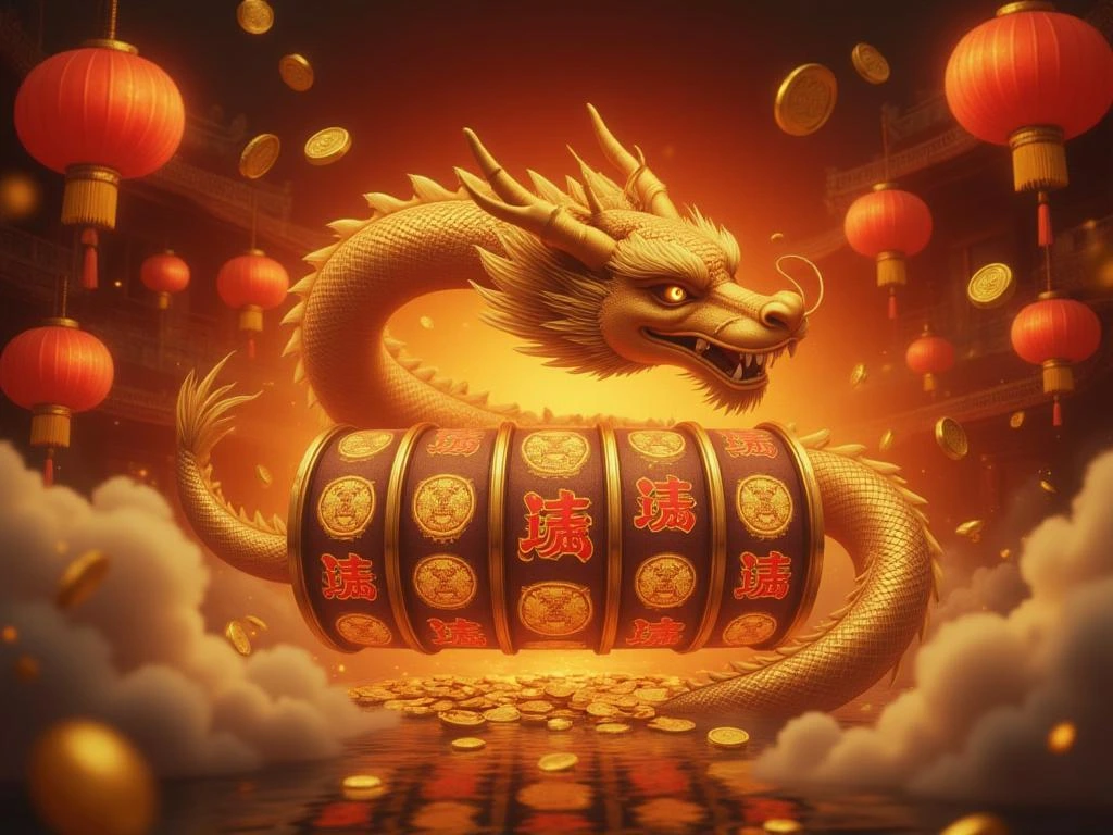 Imagem de um dragão dourado envolto em rolos de caça-níquel com símbolos orientais brilhantes, moedas voando e fundo vermelho com ouro — representando o slot Fortune Dragon.